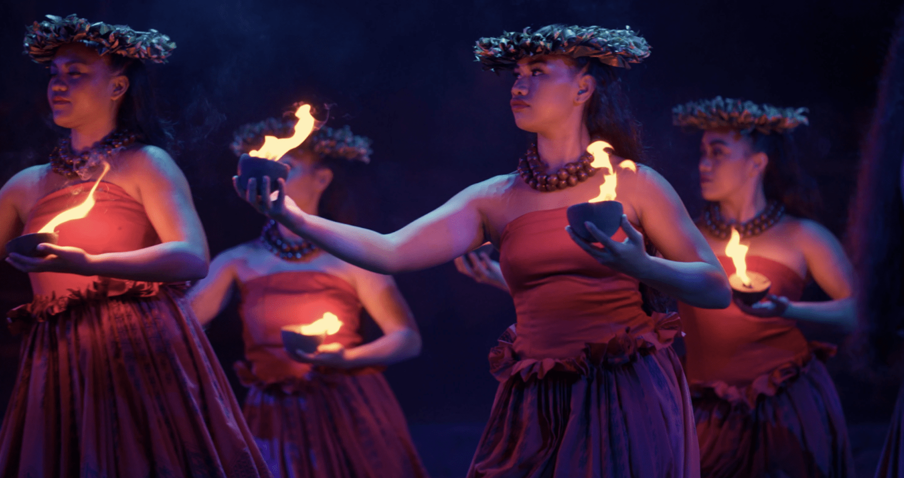 A group of Polynesian dancers performs a mesmerizing fire dance, symbolizing the resilience of Hawaiian culture as seen in Sharing Aloha.
