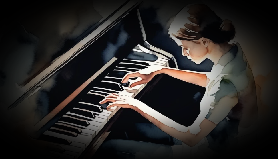 A young woman intently playing the piano, her fingers poised on the keys. The dim lighting highlights her effort and concentration, reflecting the struggle of trying hard despite unseen limitations.