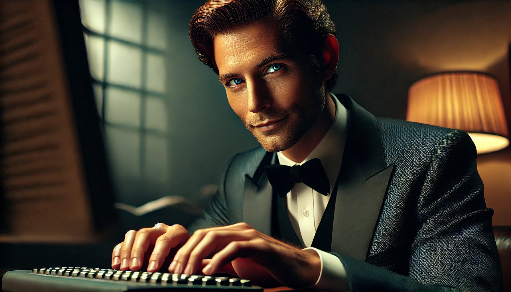 A well-dressed man in a tuxedo typing on a keyboard in a dimly lit room, symbolizing AI’s influence on modern decision-making.