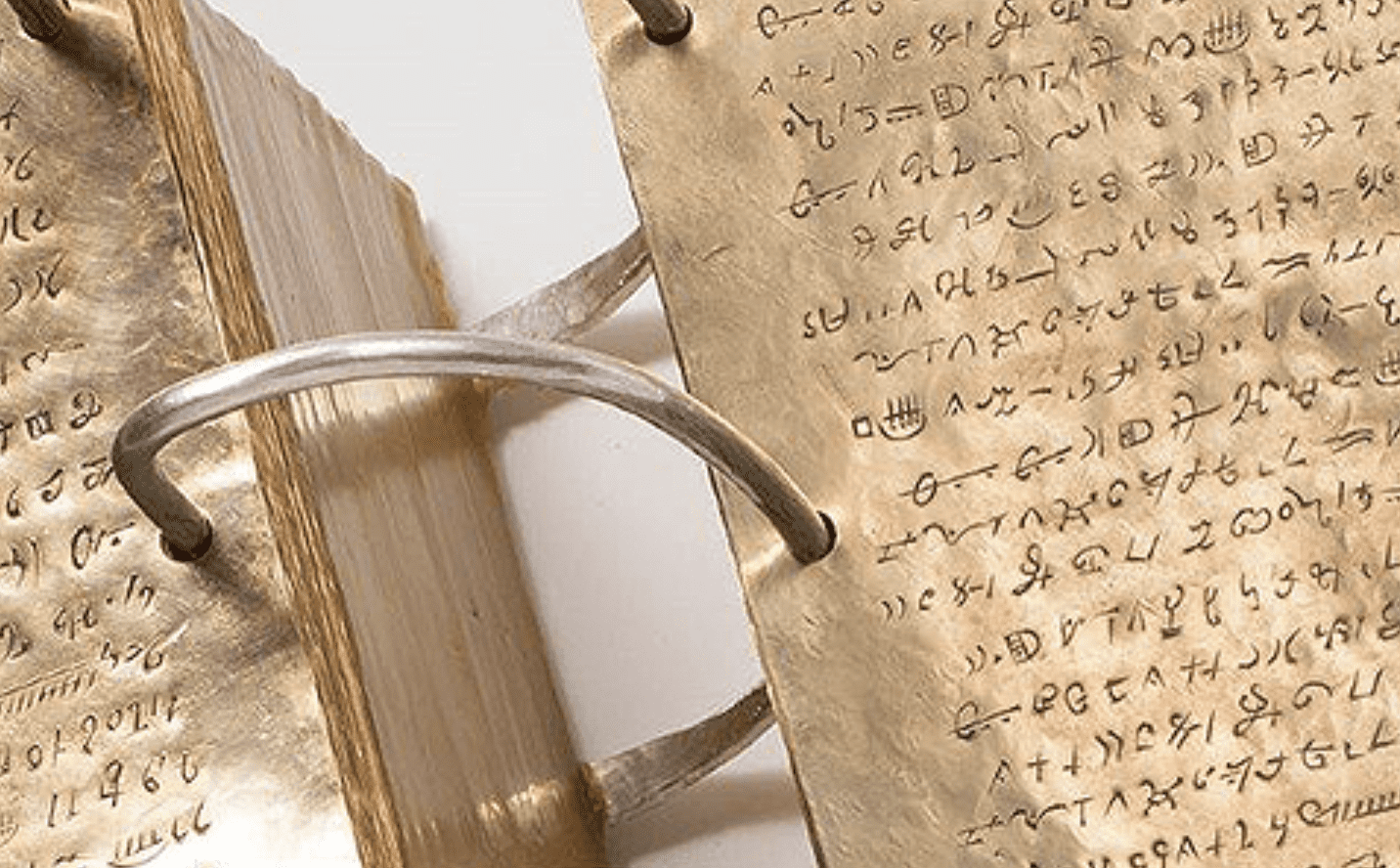 Replica of the gold plates with ancient inscriptions used in the translation of the Book of Mormon.