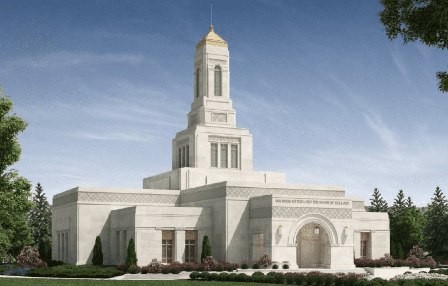 LDS temple with golden spire, a sacred place for prayer and worship.