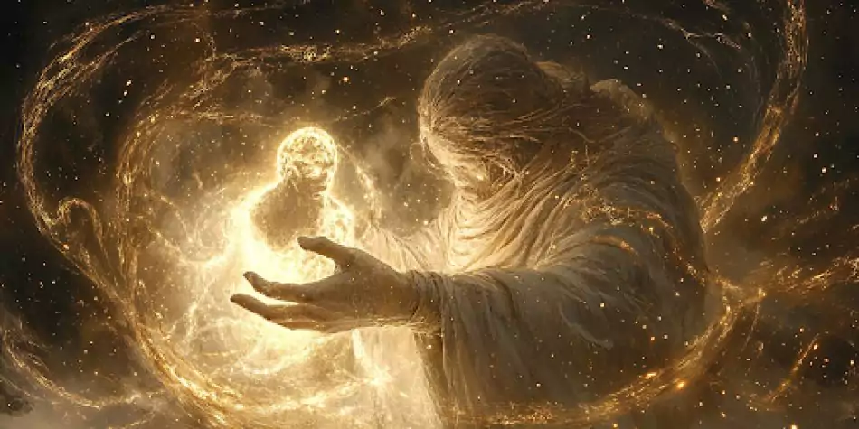 A celestial being creating life, symbolizing God’s divine design and eternal plan for humanity.