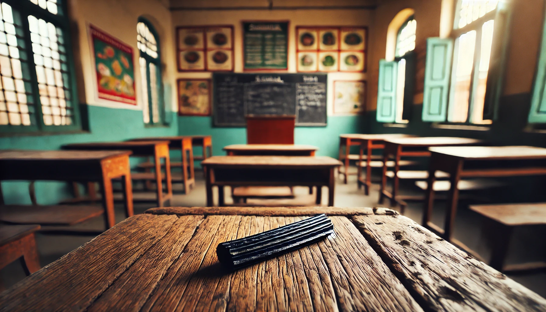 A piece of licorice on a wooden desk in an empty classroom, representing generosity and sharing from Becky Douglas’s story at Rising Star Outreach.