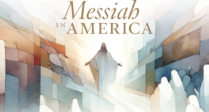 Illustration of Jesus Christ appearing in the Americas, promoting Messiah in America by the Millennial Choir and Orchestra.