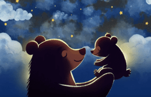 Illustration of a parent bear and cub under a starry night sky, representing the calming connection and bedtime peace of the Wink podcast for children.