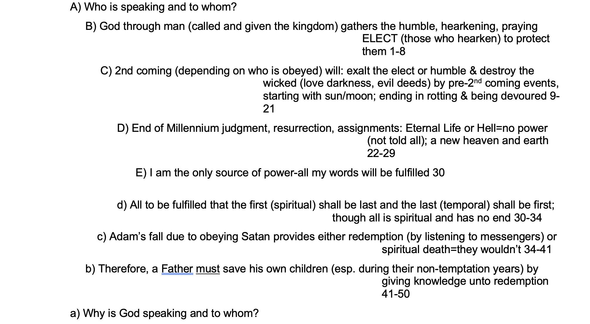 A chiastic analysis of Doctrine and Covenants Section 29, mapping doctrinal themes like the Fall of Adam, the Second Coming, redemption, and parental responsibility. The visual shows mirrored pairs of gospel concepts leading to the center focus: God as the source of power and fulfillment of all His words.