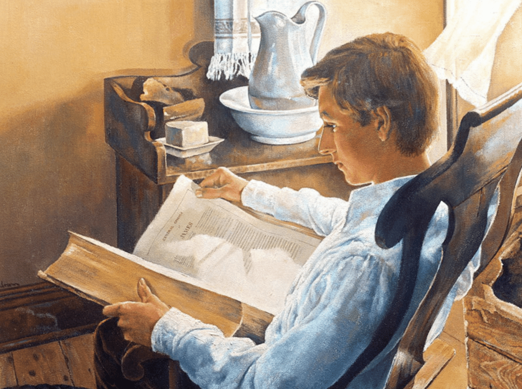 Painting of young Joseph Smith studying, representing his pursuit of knowledge, divine education, and visionary insights.