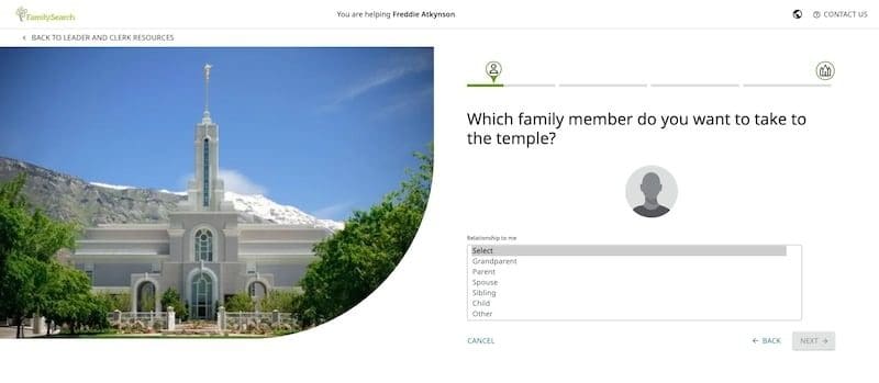 Screenshot of FamilySearch Family Name Assist tool, guiding members to select a family name for temple work.