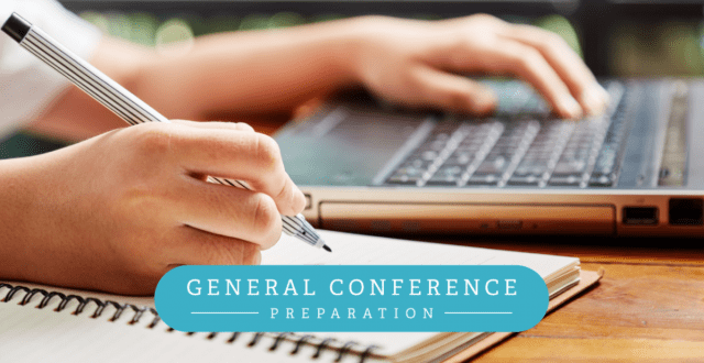 Taking notes during general conference preparation with a journal and laptop