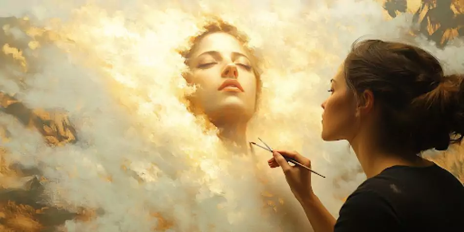 A woman painting a divine feminine figure in the clouds, symbolizing the search for understanding Heavenly Mother in LDS theology.