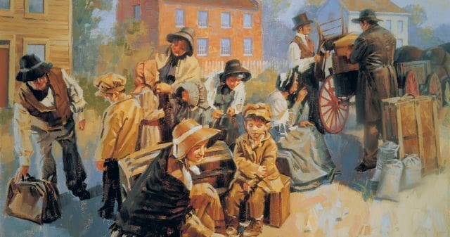 Latter-day Saints packing wagons and preparing to move to Kirtland, Ohio, in faithful obedience to God’s call in 1830.