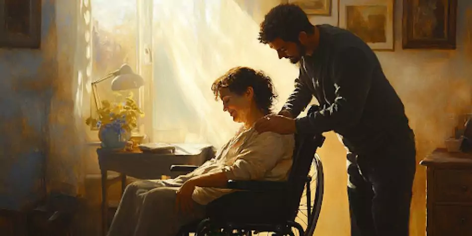 Man helping a smiling woman in a wheelchair in a sunlit room, symbolizing Christlike service and love.