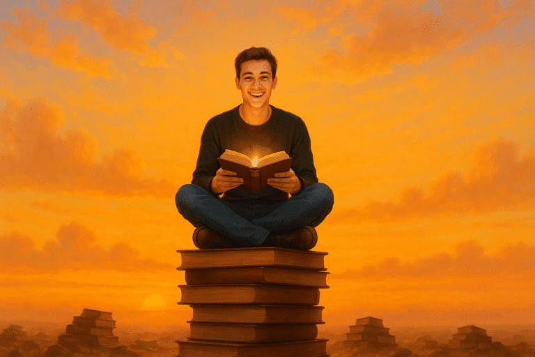 Man sitting on a tall stack of books at sunrise, holding a glowing book, symbolizing the power of writing and becoming a bestselling author.