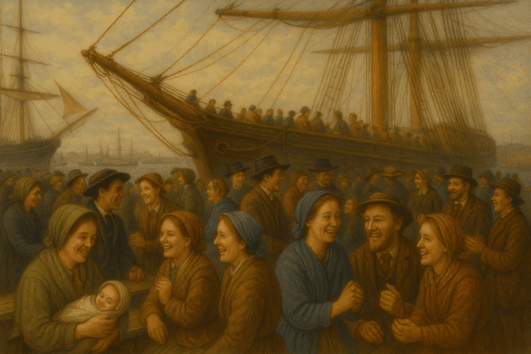 Latter-day Saint emigrants gather at Liverpool docks in 1863 to board the ship Amazon, as depicted in a sepia painting inspired by Charles Dickens’ account.