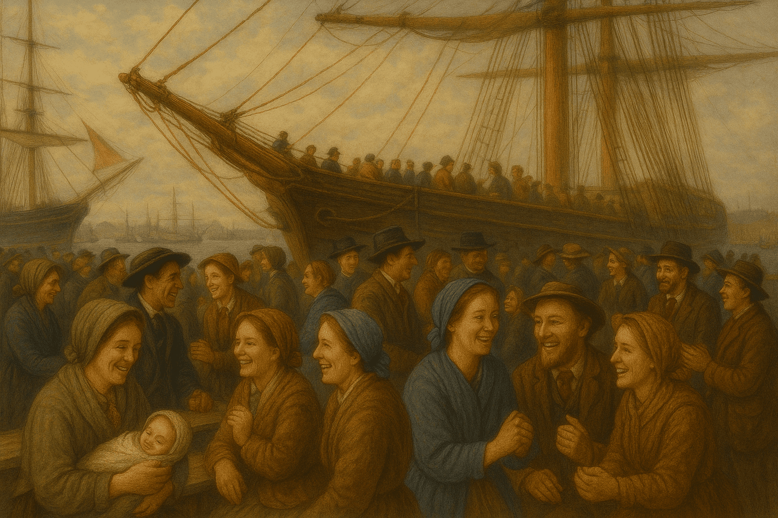 Latter-day Saint emigrants gather at Liverpool docks in 1863 to board the ship Amazon, as depicted in a sepia painting inspired by Charles Dickens’ account.