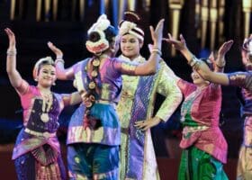 Interfaith dancers in traditional Indian dress perform at the 2025 Sacred Music Evening in the Salt Lake Tabernacle.