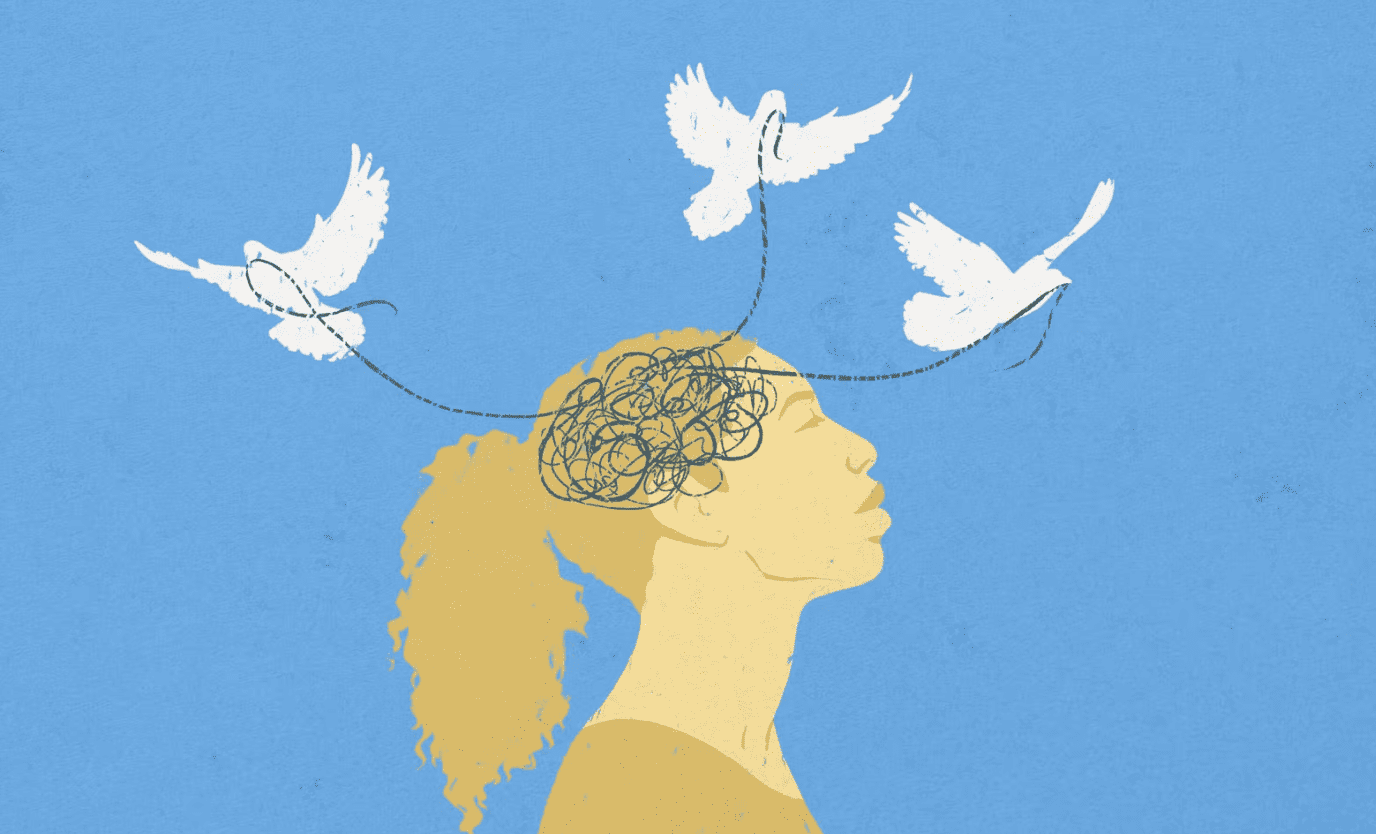 Illustration of a woman finding emotional resilience and peace, with doves carrying away scribbled thoughts, symbolizing mental health support from Church resources.
