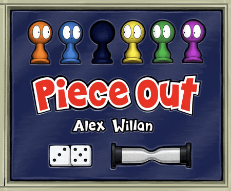 The book cover features a whimsical board game box with colorful play pieces, a missing red one, and dice. “Piece Out” is a clever picture book about perseverance, creativity, and problem-solving as one small play piece works to return home before family game night.