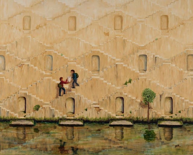 Sandi Roberts’ oil painting “Step” features a stunning Indian stepwell where two figures help each other ascend the intricate stairway. The architecture becomes a metaphor for the journey to Christ—the Living Water—and the support we give and receive along the way.