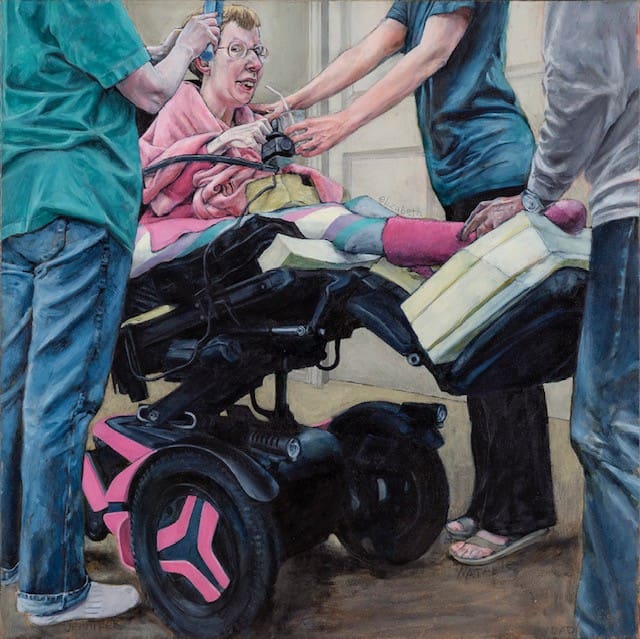 Curtis Bay’s poignant oil painting centers on his sister Elizabeth in a wheelchair, surrounded by caring family members whose hands serve her daily. This moving piece captures Christlike service and the invisible but palpable strength in everyday acts of love and service. 
