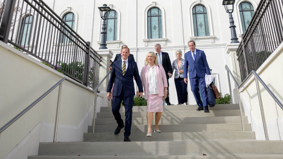 Elder Gary E. Stevenson and Church leaders exit the Antofagasta Chile Temple after its dedication on June 15, 2025.