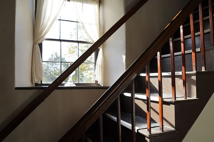 Interior stairwell at Carthage Jail leading to the upper room where the Joseph Smith martyrdom took place on June 27, 1844.