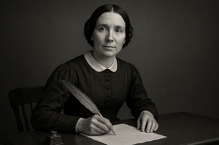 Artistic portrait of Eliza R. Snow writing with a quill, representing her poetic tribute to the Joseph Smith martyrdom published shortly after the event.