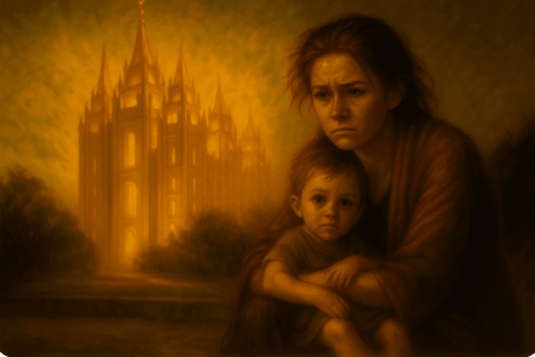 Woman holding a child in front of the Salt Lake Temple, symbolizing emotional struggle with LDS temple work and healing from abusive family dynamics.