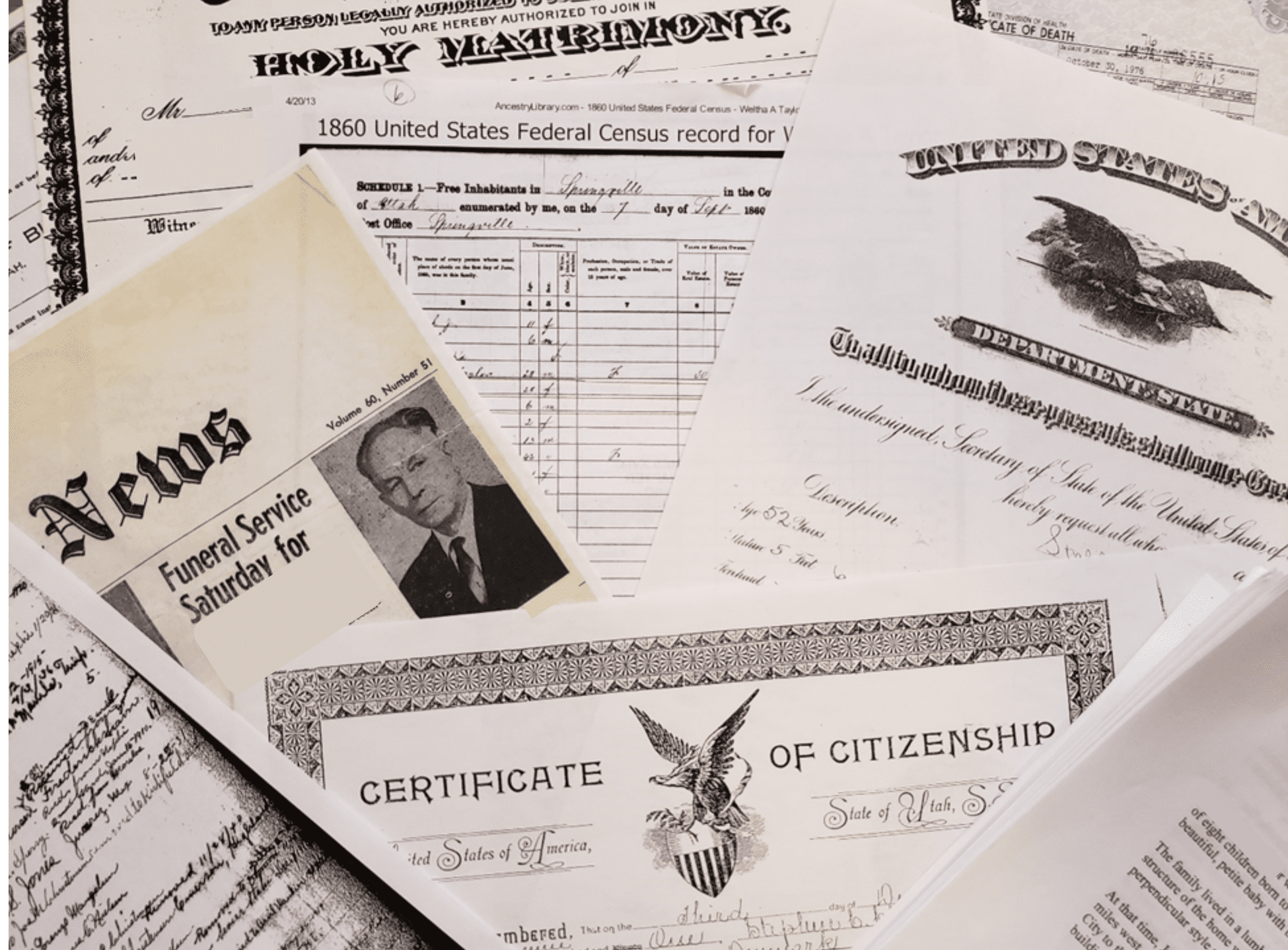 A collection of scanned genealogy documents including marriage certificates, census records, funeral notices, and naturalization papers used in DNA-assisted research.