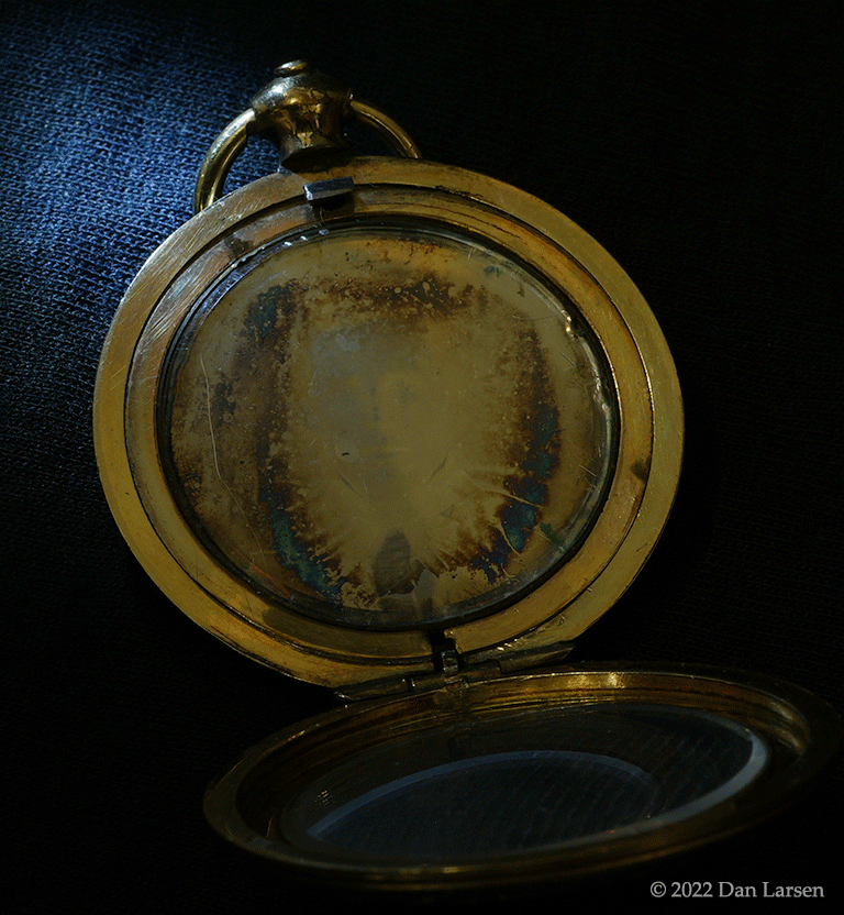 Daguerreotype of Joseph Smith illuminated inside Smith family mourning locket