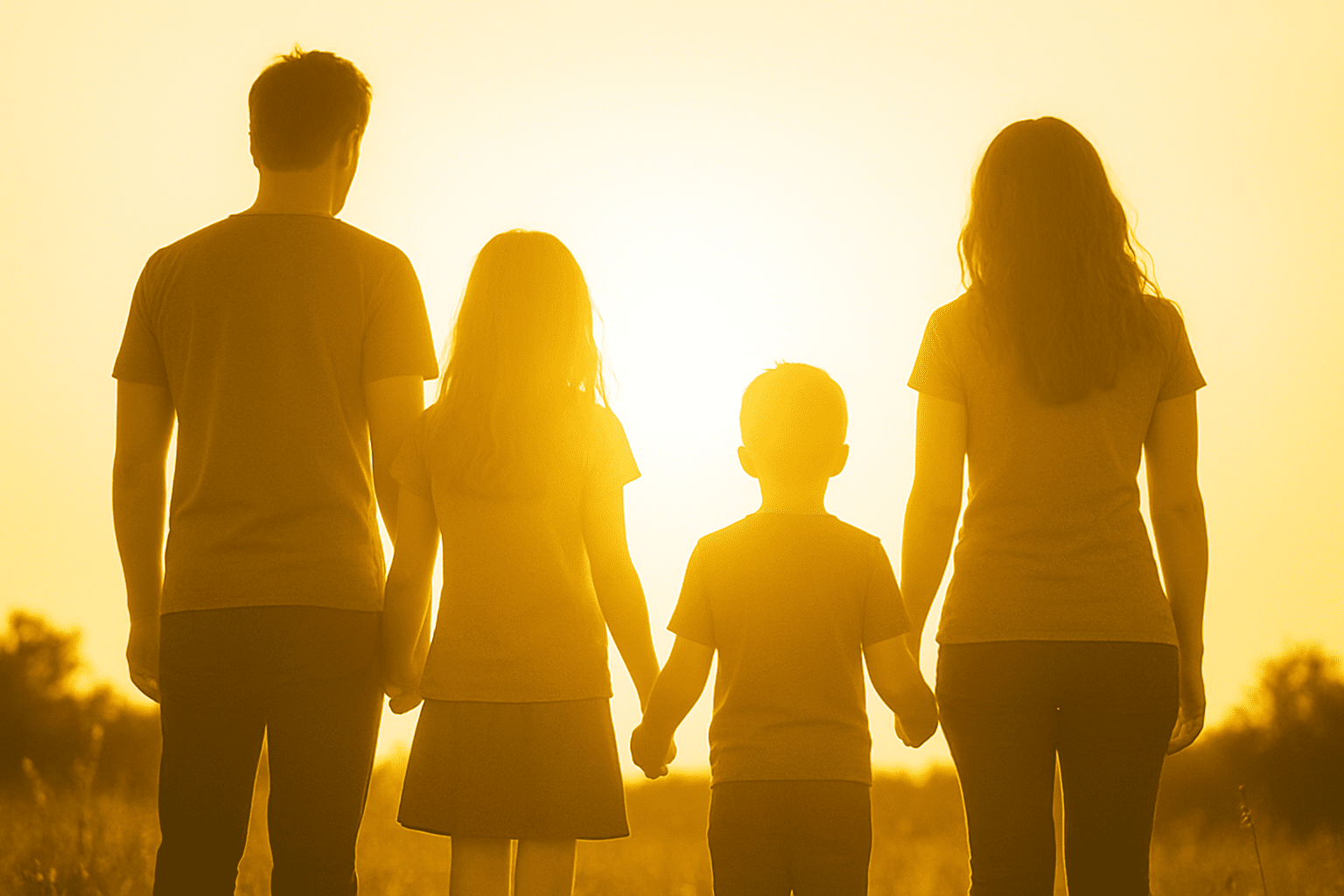 Eternal family holding hands at sunset symbolizing eternal marriage and temple covenants