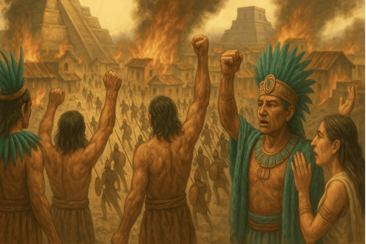 Book of Mormon king-men rebellion with Nephite cities in flames, representing secret combinations, political betrayal, and parallels to modern unrest.