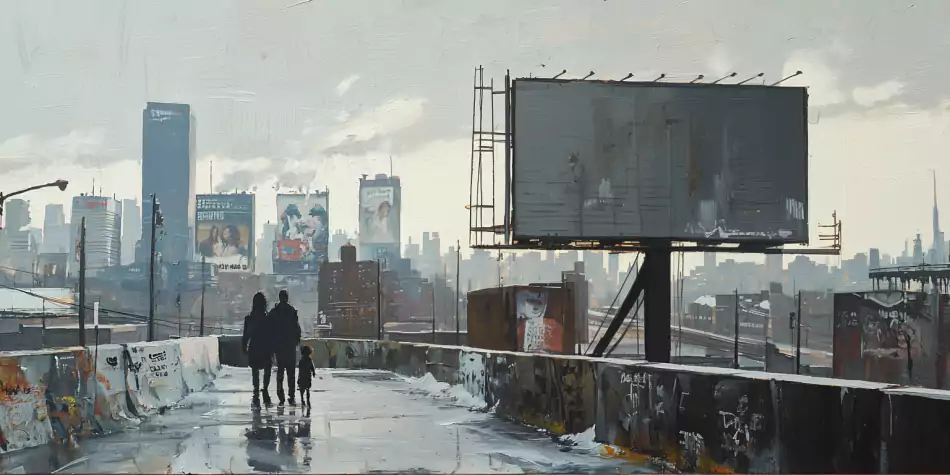 Painting of a family walking on a crumbling overpass in a decaying cityscape, representing family disintegration and societal collapse.