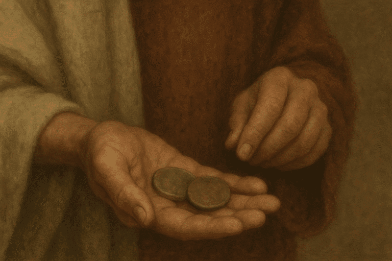 Two ancient coins in a servant’s hand, symbolizing the parable of the talents and personal spiritual growth.