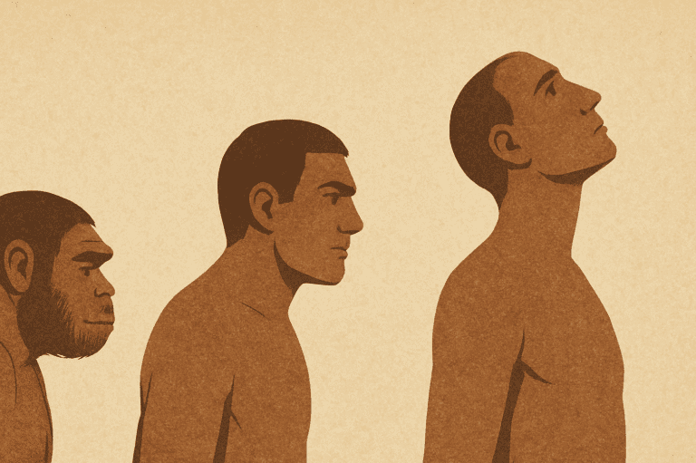 Evolution of man illustration ending with a modern human looking upward, symbolizing spiritual yearning and rational belief in God.