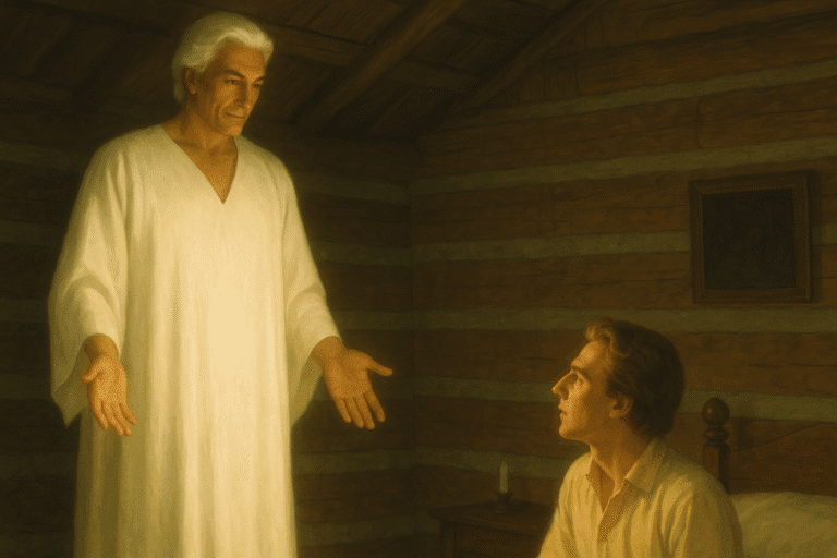 Angel Moroni visits Joseph Smith in a log cabin, beginning Joseph’s divine role as translator of the Book of Mormon.