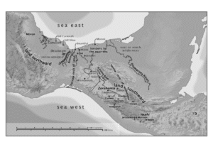 A grayscale map illustrating John L. Sorenson’s Mesoamerican Book of Mormon geography model, highlighting directional terms such as sea east, sea west, land northward, and land southward with key Nephite and Lamanite cities plotted across Central America.