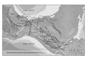 An alternate version of Sorenson’s Mesoamerican geography model with directional guides overlaid to emphasize the conceptual rotation of traditional cardinal directions and how they align with Mesoamerican sun-based orientation.