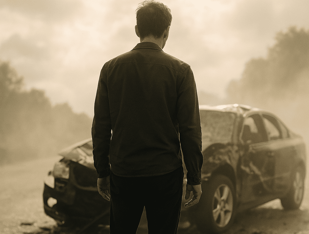 Man standing before wrecked car after highway crash — miracle survival story with glass shards and gratitude