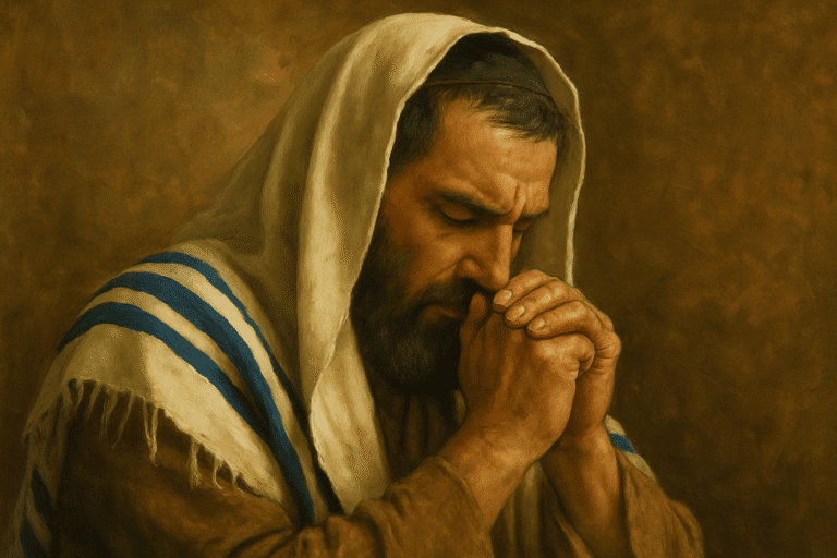 Jewish man in tallit praying silently with hands folded in reverence, representing Psalm 5 and the power of whispered prayers.