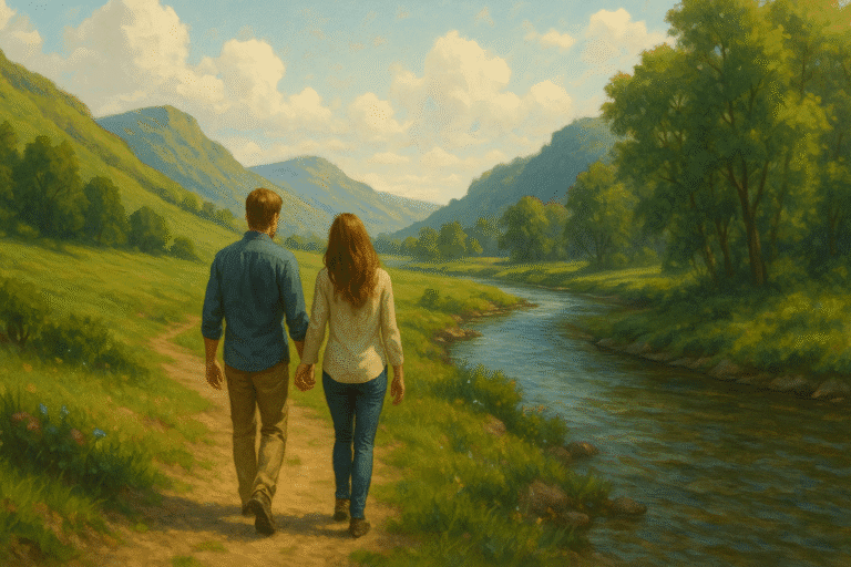 Couple walking along a river through a peaceful valley, symbolizing marriage of opposites and relationship balance