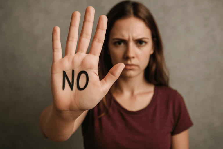 Woman holding up hand with “NO” written on palm, symbolizing a stand against violence against women and sexual abuse.