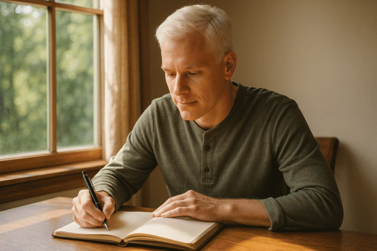 Man writing spiritual experiences in journal by window, reflecting on miracles and personal history.
