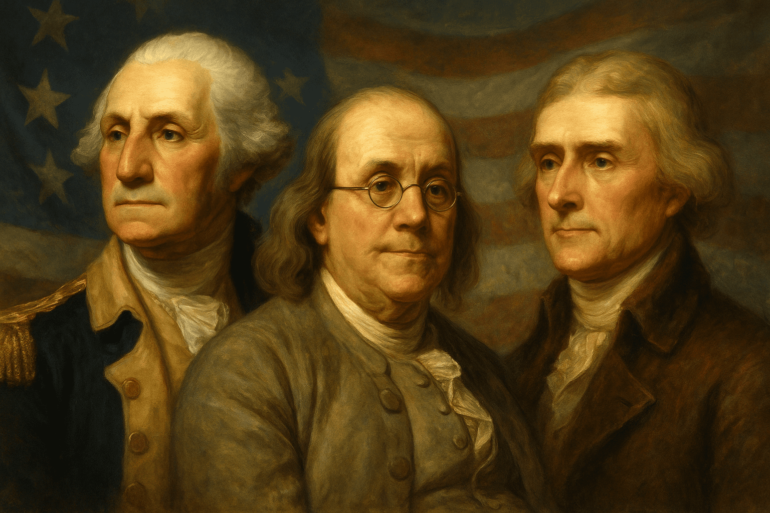 Portrait of George Washington, Benjamin Franklin, and Thomas Jefferson representing true patriotism, Founding Fathers, and faith and freedom in America.