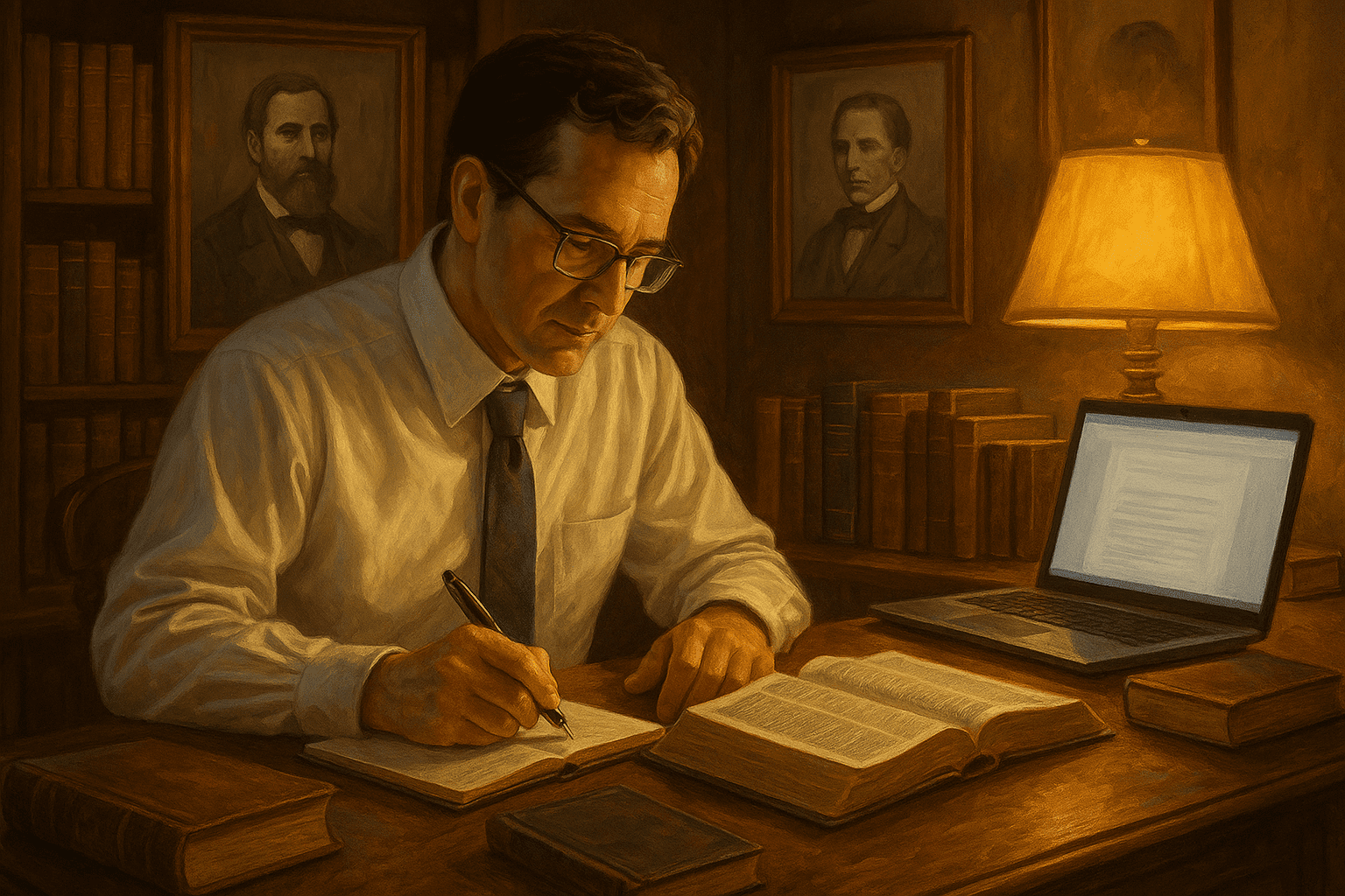 Latter-day Saint scholar studying scriptures and writing notes with laptop and books—symbolizing LDS apologetics and FAIR Conference preparation.