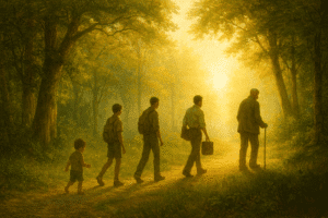 Five men representing life’s stages walking into sunlight on a forest path, symbolizing mortality and the journey toward eternal life.