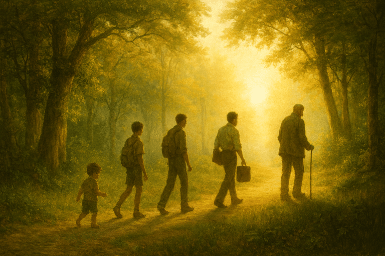 Five men representing life’s stages walking into sunlight on a forest path, symbolizing mortality and the journey toward eternal life.