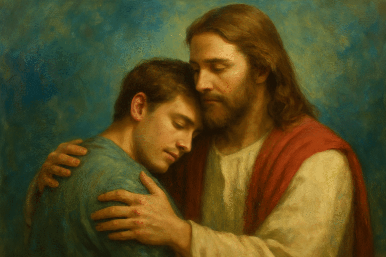 Jesus Christ embracing a young man in a moment of comfort, representing divine connection through living the doctrine of Christ.