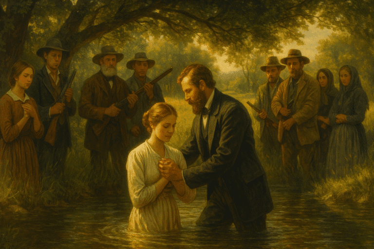Sylvester Henry Earl baptizing Lois Caroline Owen in a river in 1838, watched by family and armed townspeople during a historic Pioneer Day family history moment.