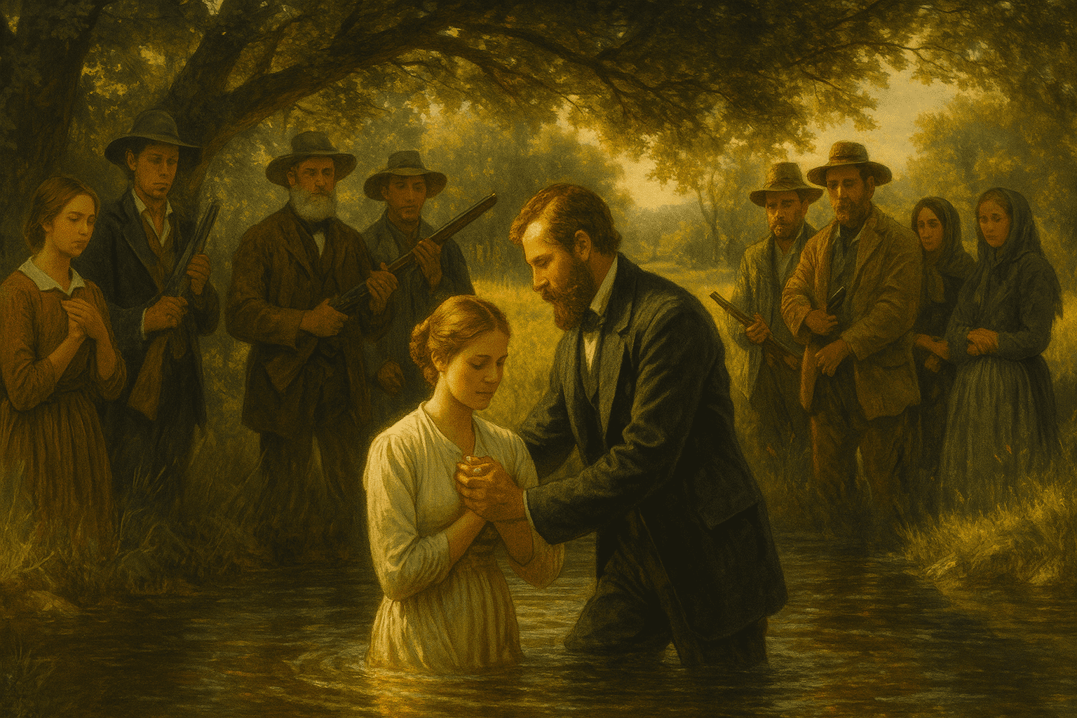 Sylvester Henry Earl baptizing Lois Caroline Owen in a river in 1838, watched by family and armed townspeople during a historic Pioneer Day family history moment.